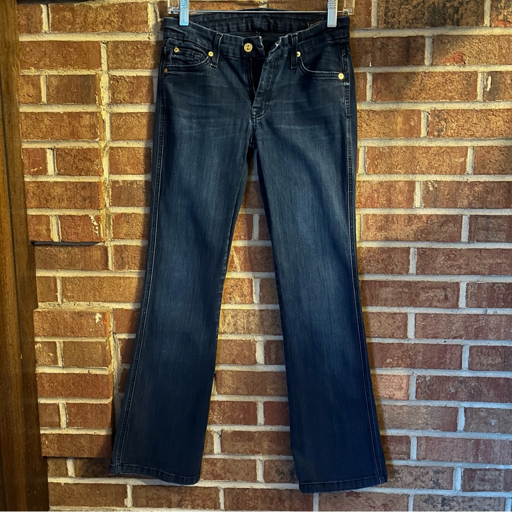 7 For All Mankind Women 27 Gold Glitter A Pocket Boot Cut Jeans Dark Wash EUC